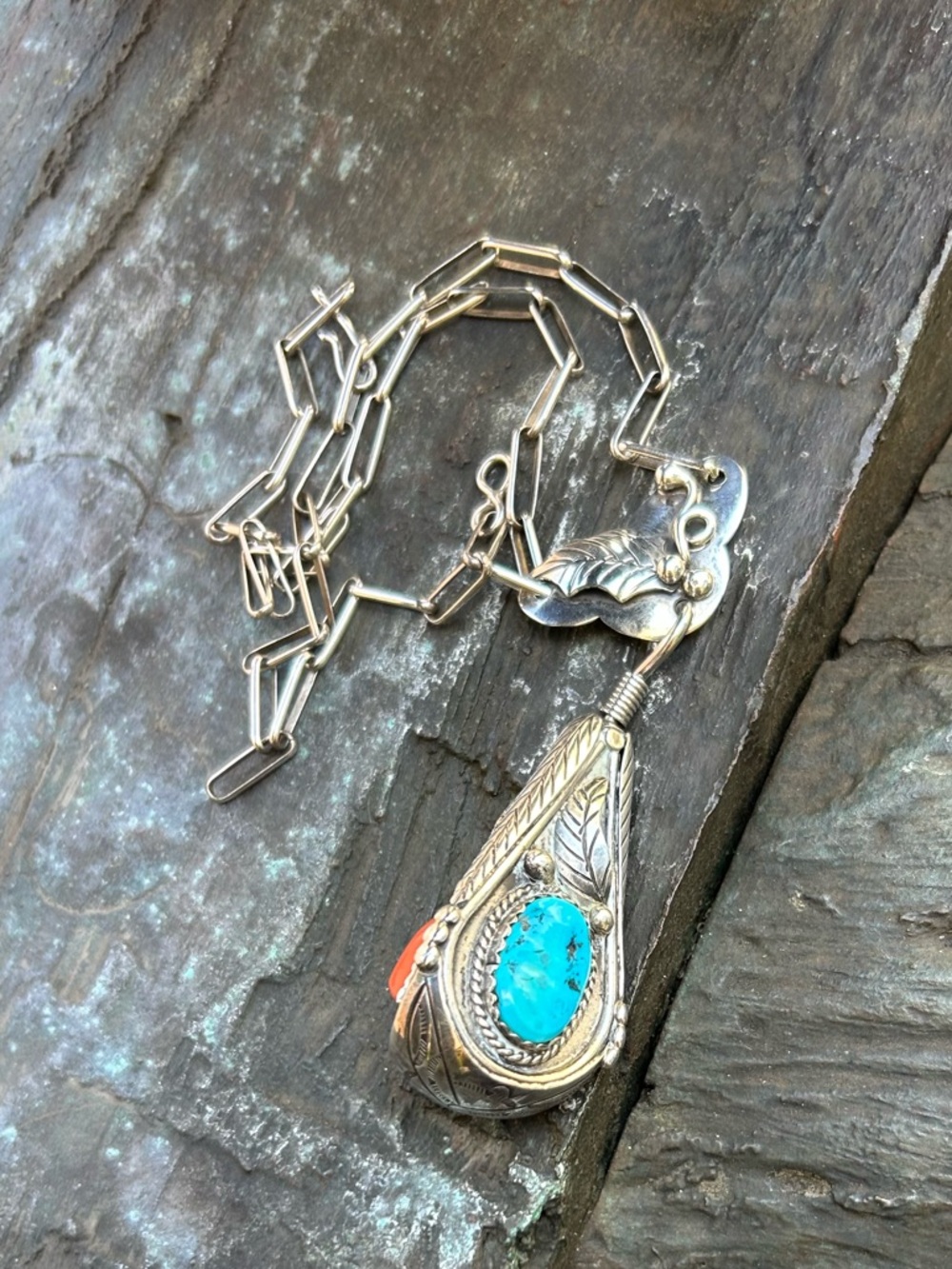 Artisan Juan Pedro Garcia sterling silver swiveling coral turquoise MOP Necklace - Picture 10 of 16